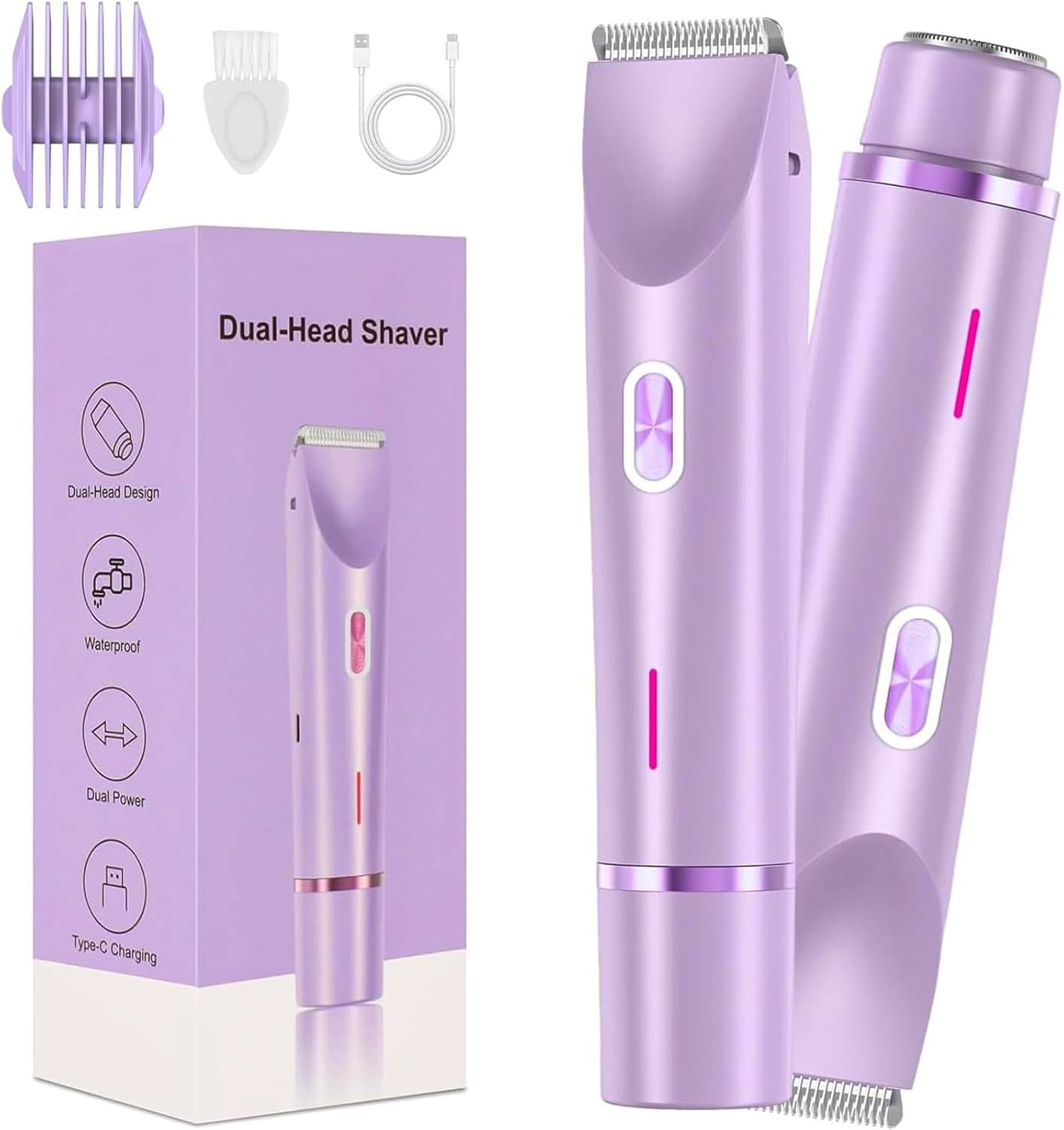 Valentines Day Gifts for Her 2 in 1 Electric Glow Shaver, Portable Bikini Trimmer for Women, Dual Head Rechargeable Electric Razor, IPX7 Waterproof Wet & Dry Use Legs Body Pubic Hair Trimmer for Men